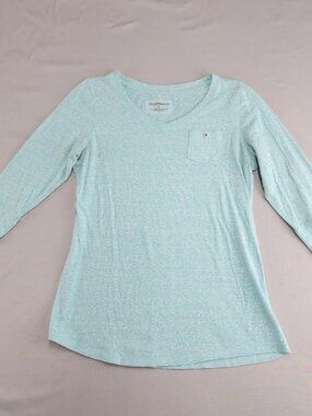 RuffHewn Women's S Aqua Blue Heathered V-Neck 3/4 Sleeve T-Shirt Chest Pocket